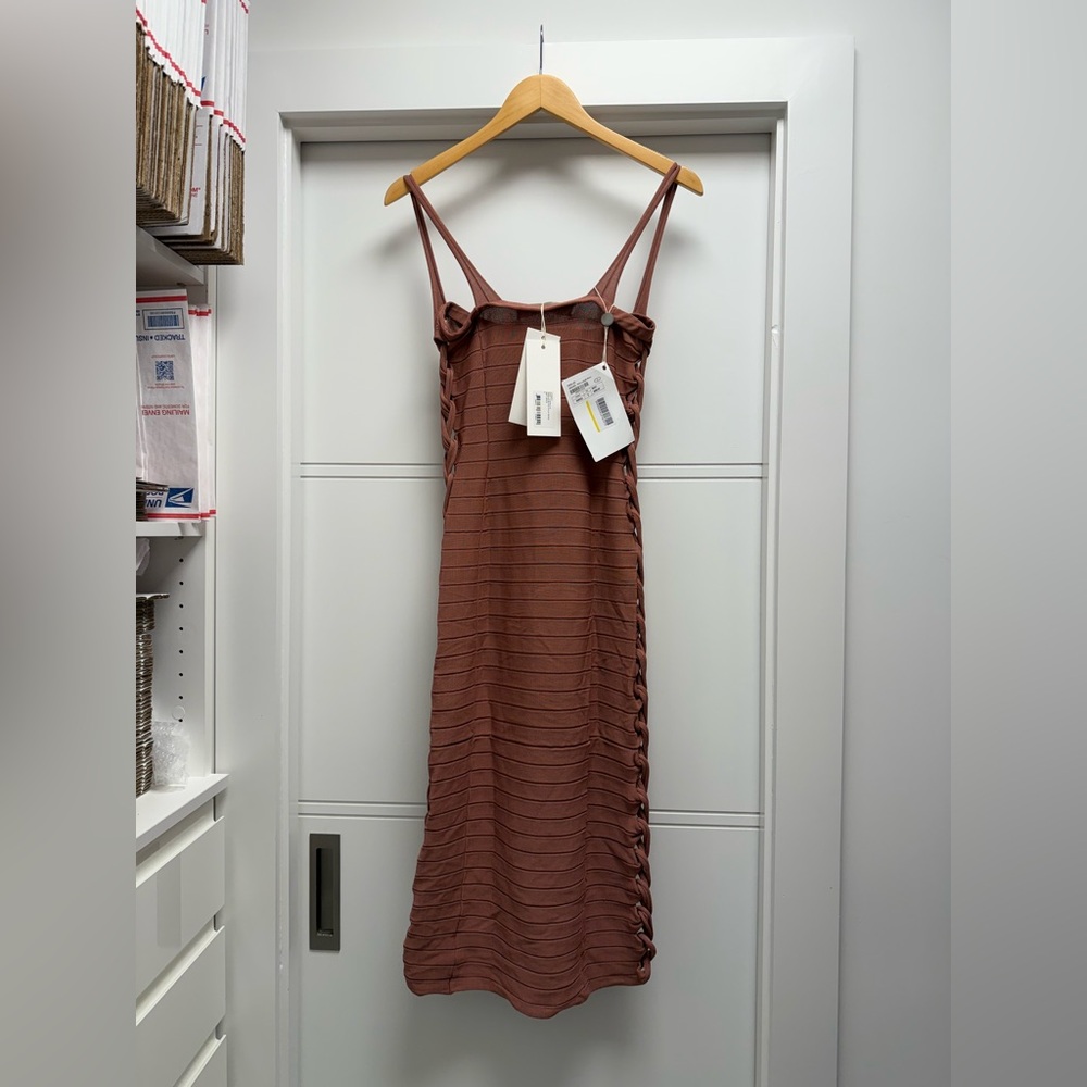 DION LEE Knit Mirror Braid Strap MIDI Dress in Soft Brick - Picture 5 of 6